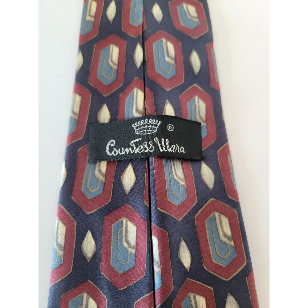 Countess Mara Men's Silk Tie Geometric Pattern Burgundy Blue Navy